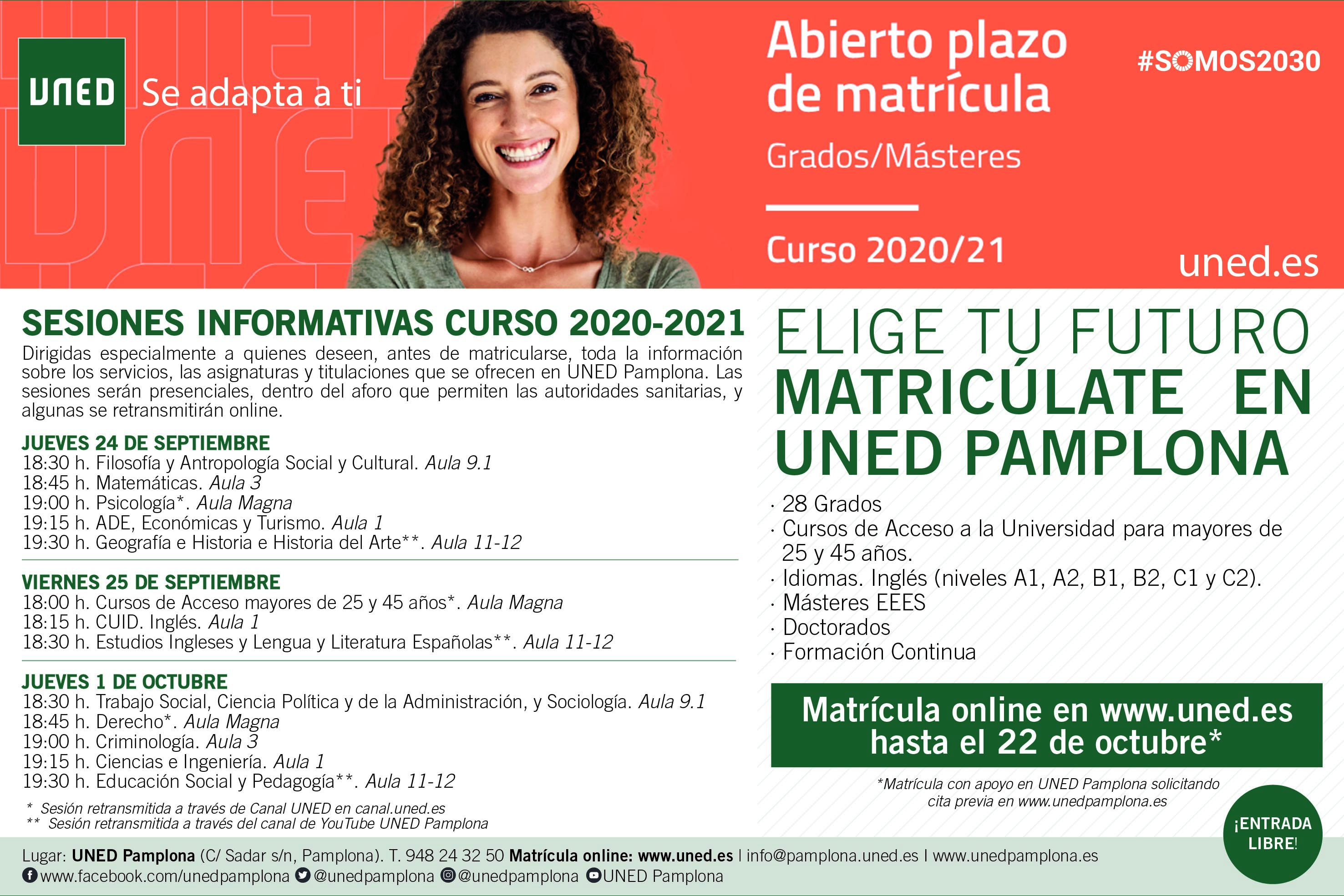 Esta tarde, nuevas sesiones informativas de Grados en UNED Pamplona 